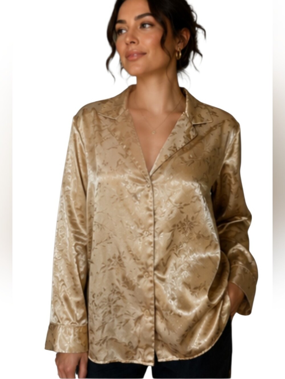 Vintage 1999 Victoria's Secret Gold Satin Floral Pajama Top Size M